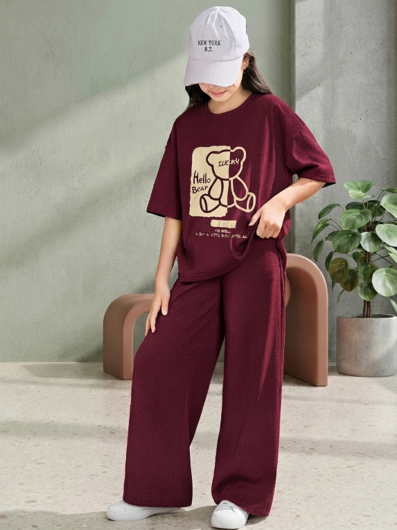 Maroon Hello Bear Graphic Oversized T-Shirt and Baggy Trouser Co-Ord Set