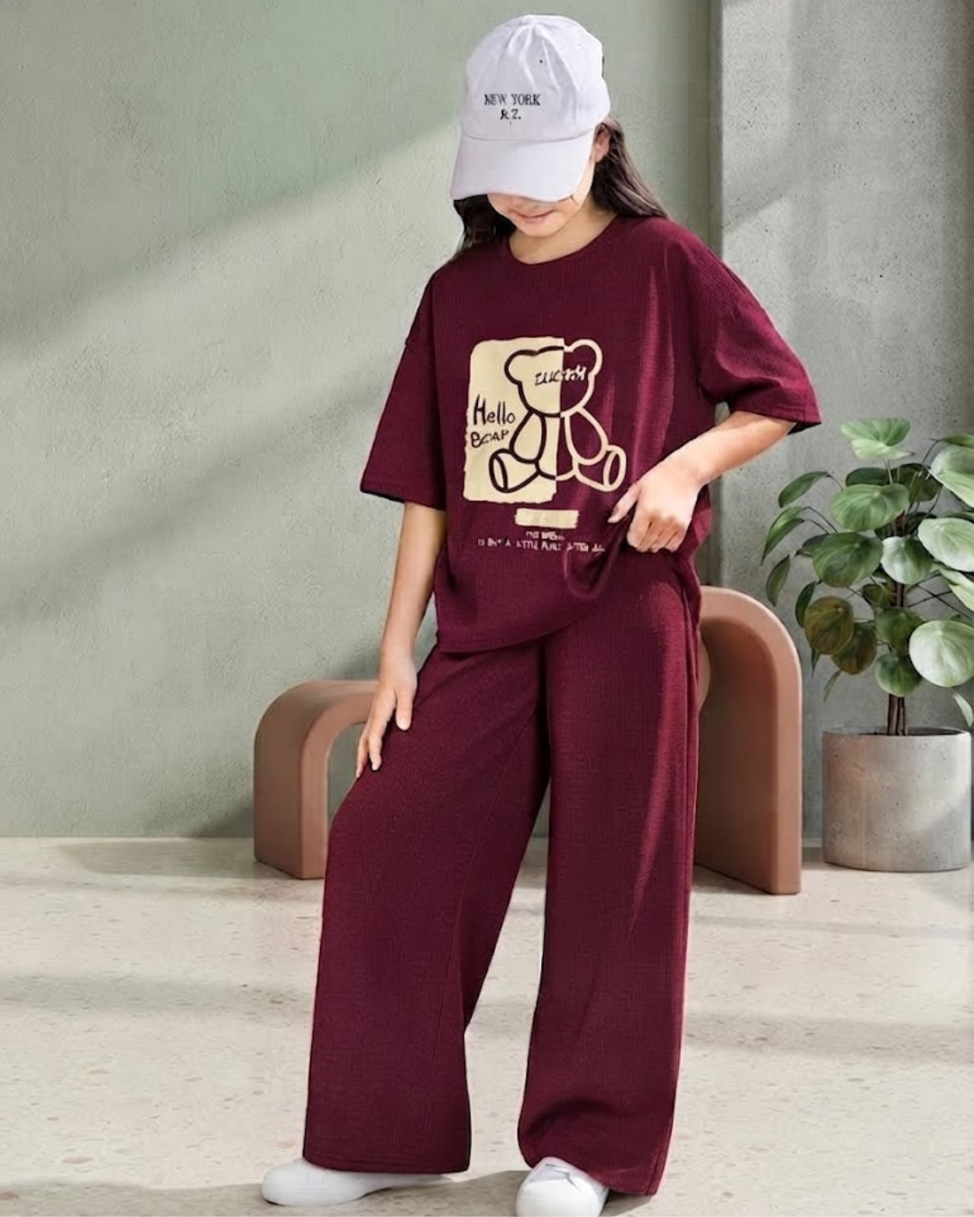 Maroon Hello Bear Graphic Oversized T-Shirt and Baggy Trouser Co-Ord Set