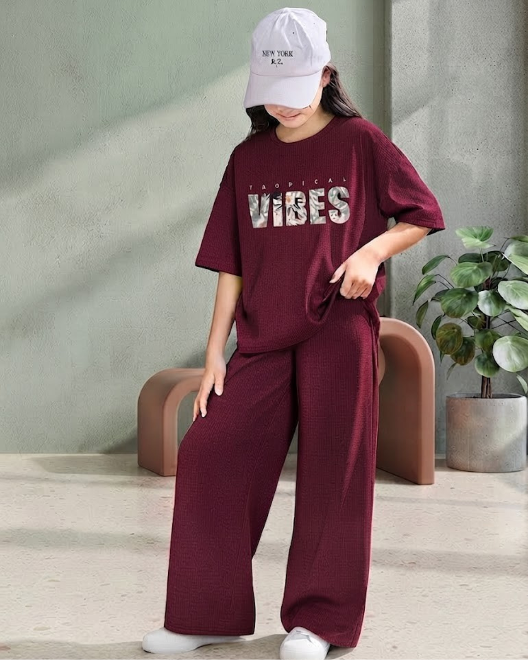 Maroon Tropical Vibes Oversized Soft Cotton Jersey Co-ord Set