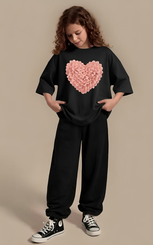 Street Style Black Co-ord Set - Oversized Soft Cotton Jersey Pink Heart