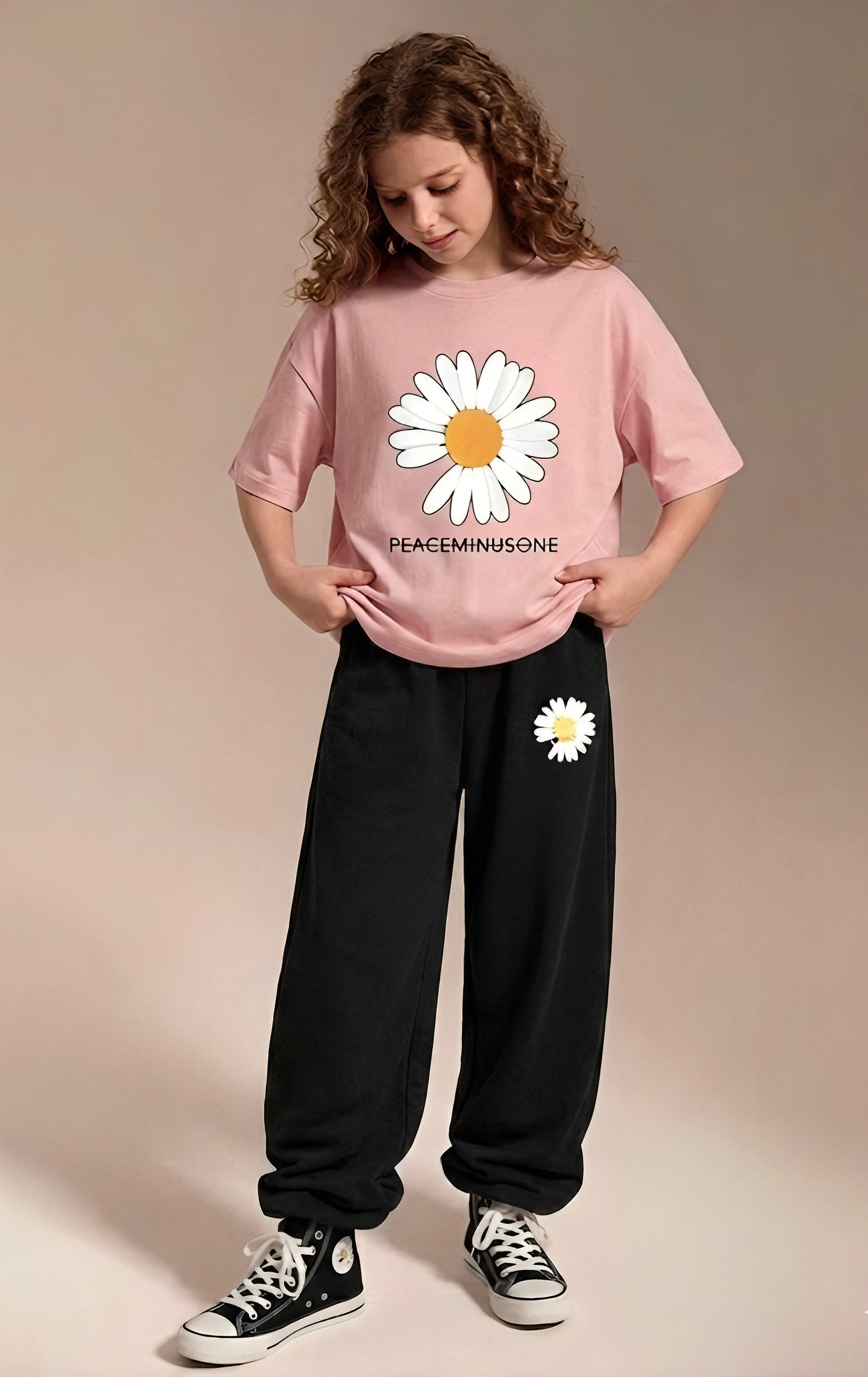 Premium Minimalist Daisy Co-ord Set for Girls Pink & Black Cotton jersey