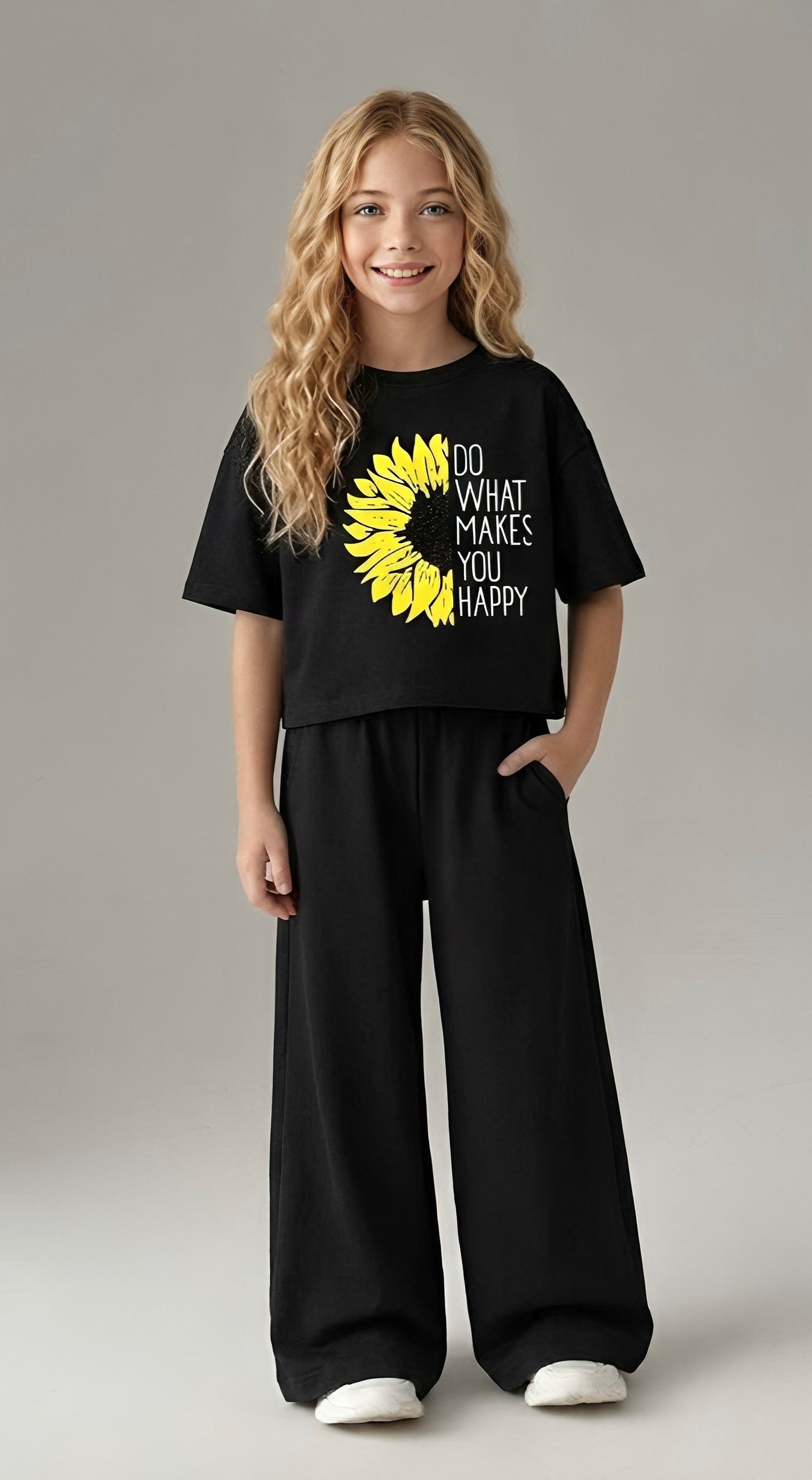 Girls' Sunflower Black Graphic Co-ord Set in Soft Cotton Jersey