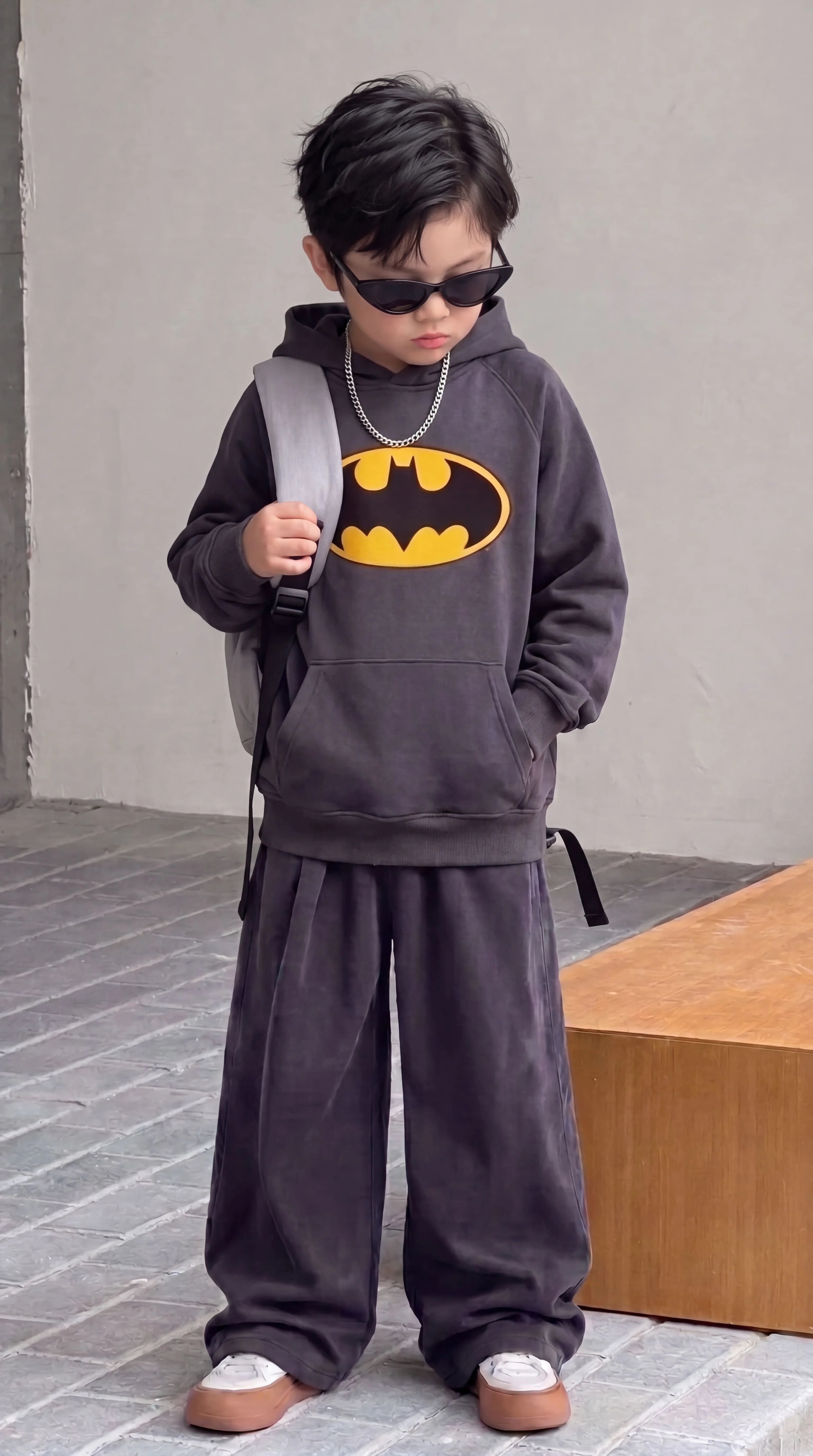 Boys' Stylish "Batman" Printed Winter Baggy Co-ord Set - Charcoal Grey