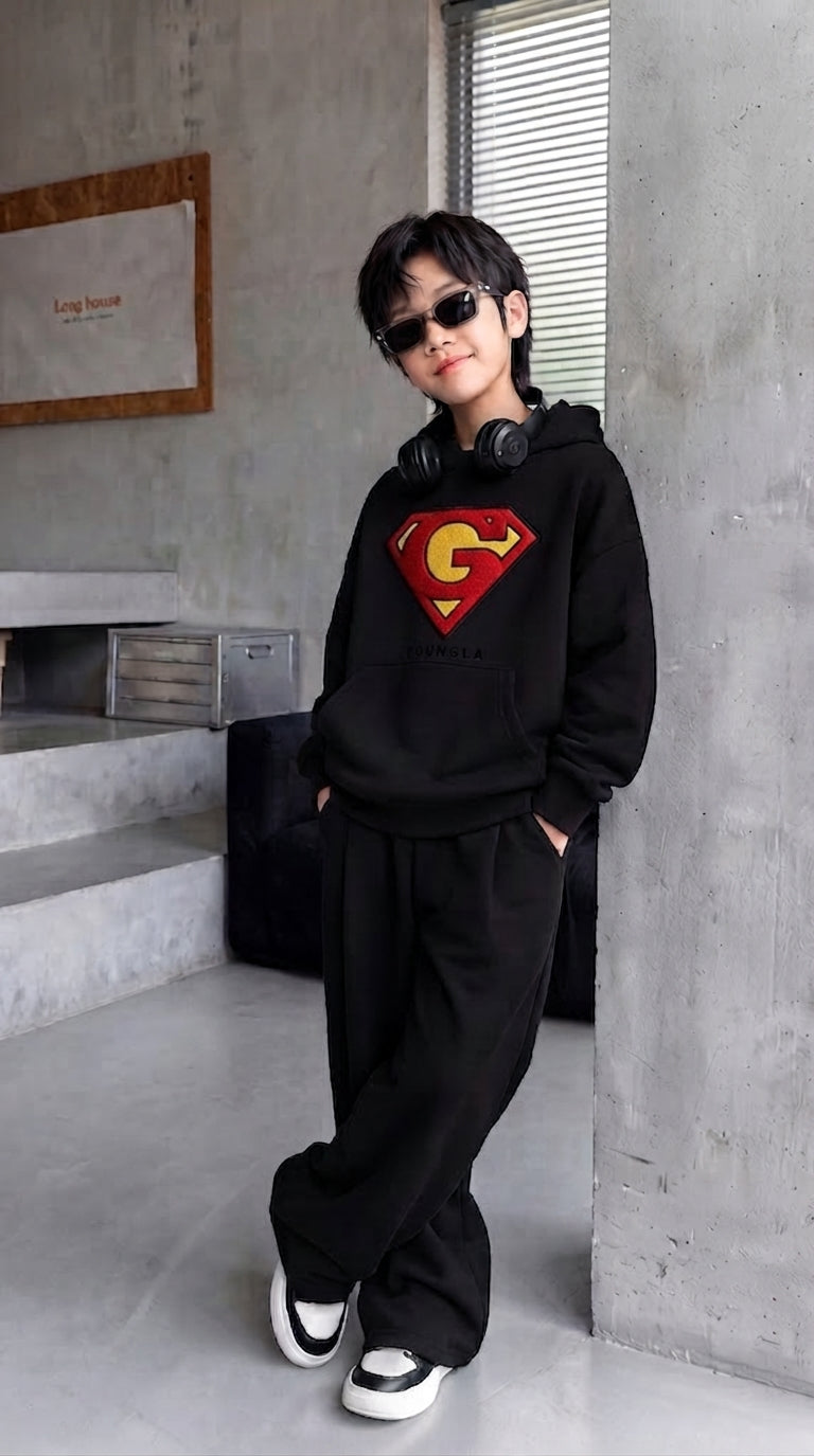 Premium "Superman" Print Black Winter Baggy Tracksuit