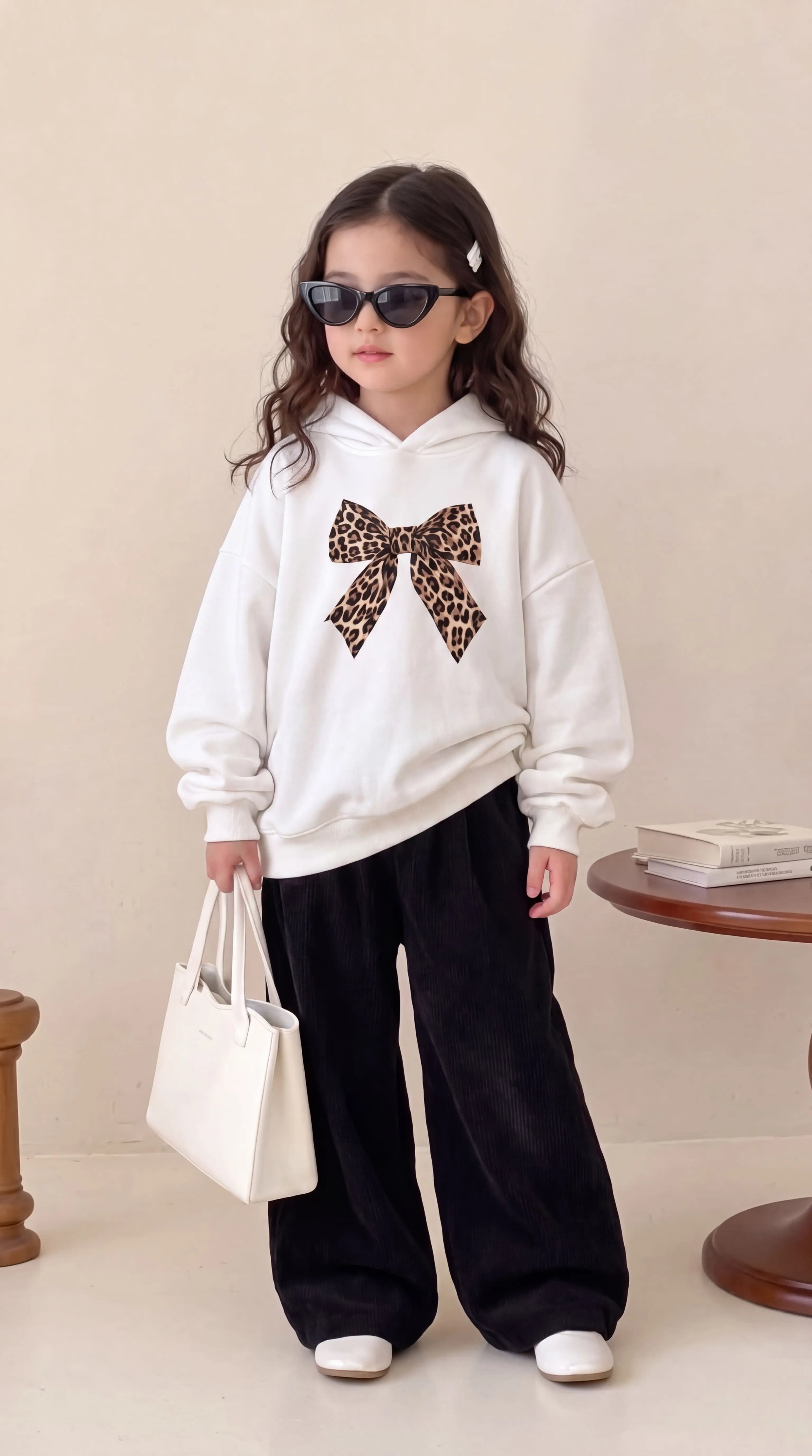 Leopard Bow Print White Hoodie & Black Tracksuit For Kids