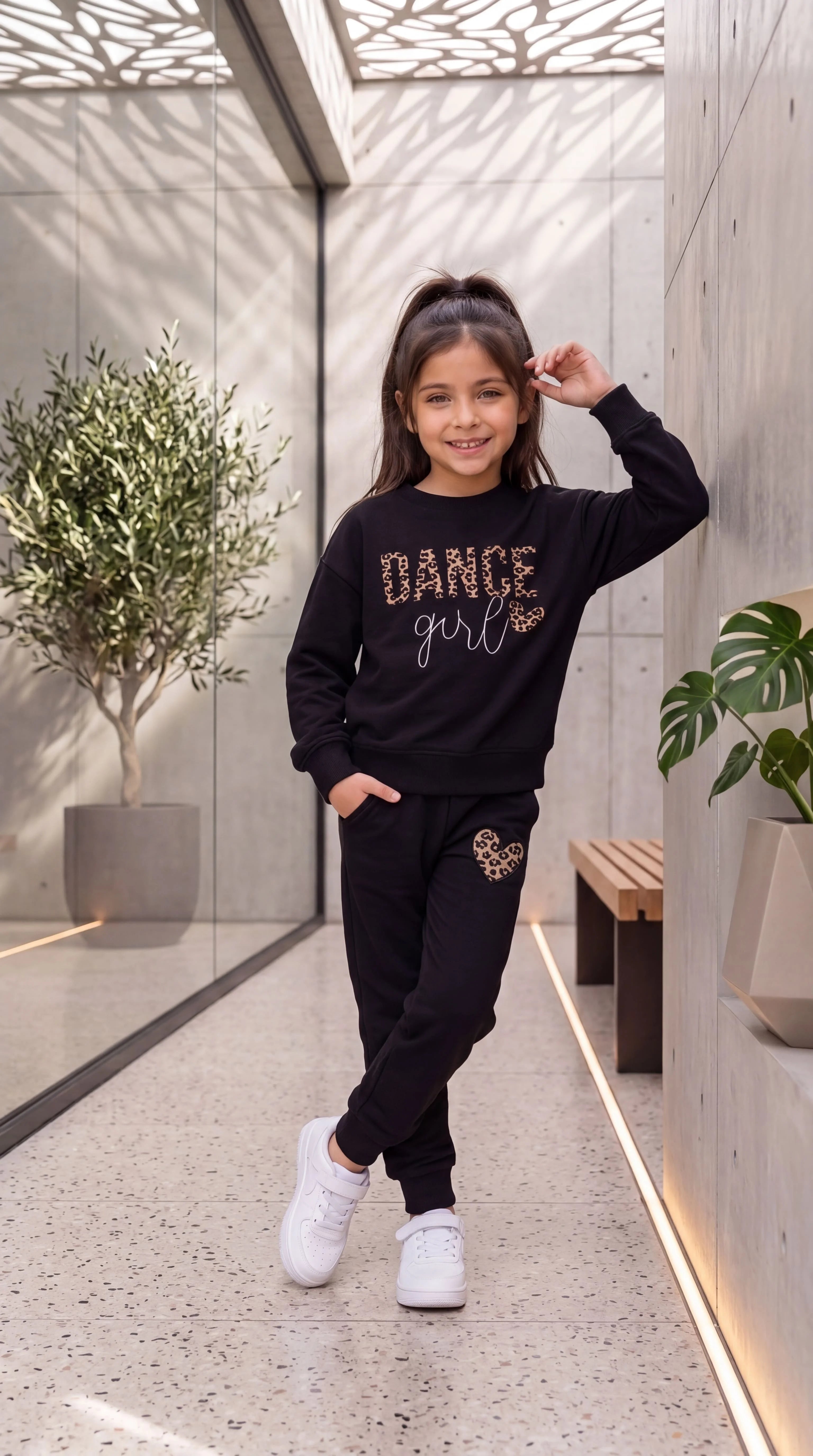 Kids Black Dance Girl Leopard Print Streetwear Tracksuit