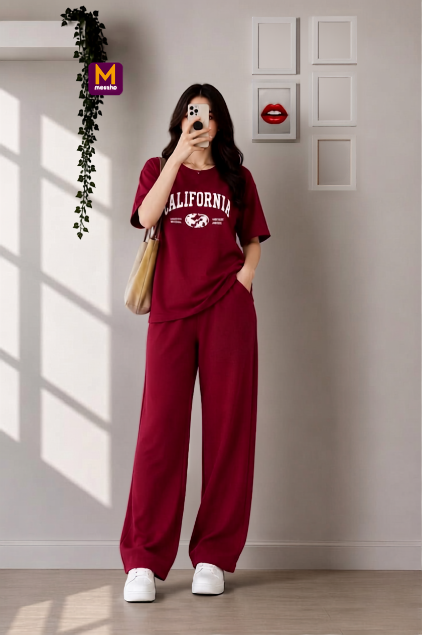 Maroon "California" Oversized Soft Cotton Jersey Co-ord Set