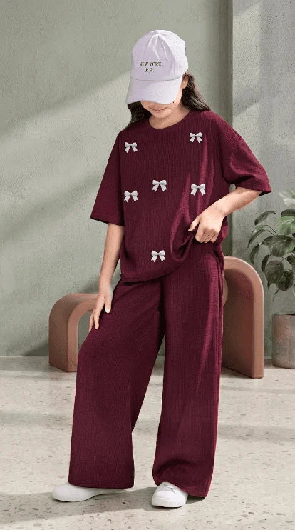 Maroon Girls Bow Co-ord Set (Oversized Tee & Baggy Trouser)