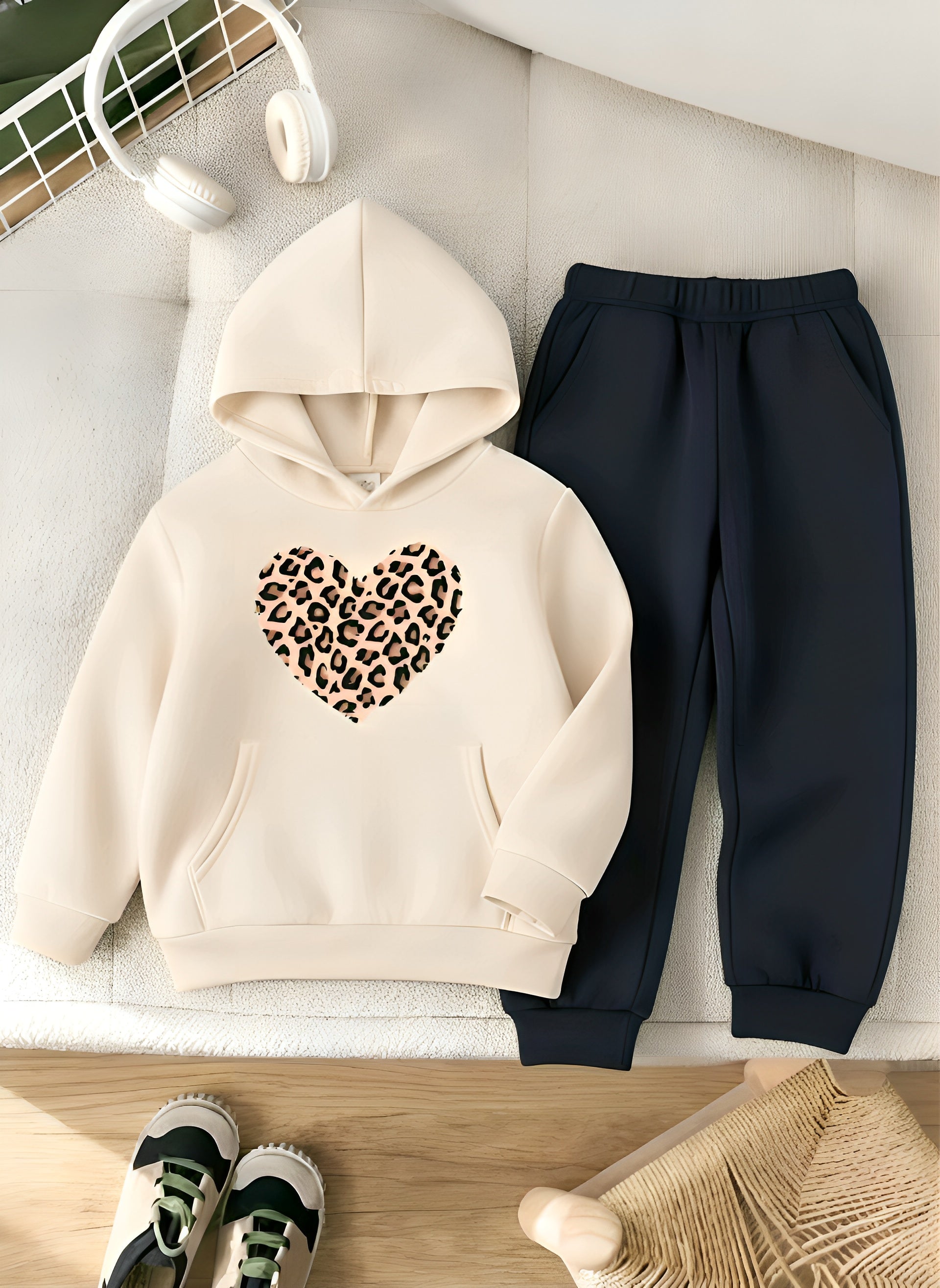 Girls Leopard Heart Off White Winter Tracksuit