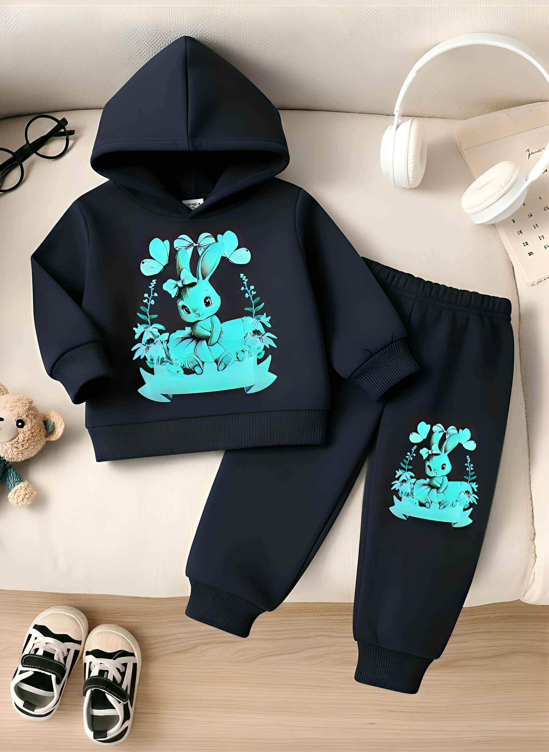 Girls Rabit Print Navy Winter Tracksuit