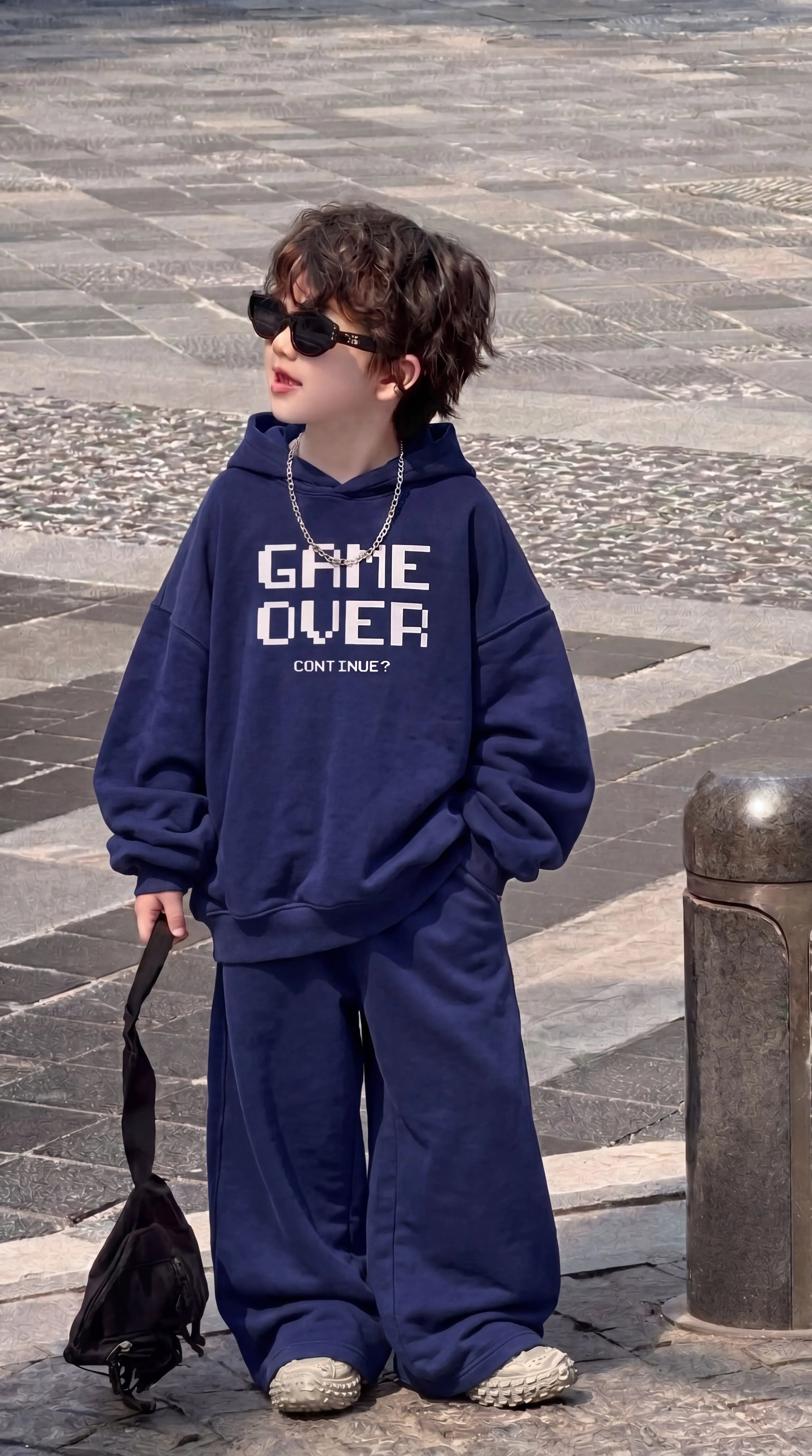 Kids "Game Over" Graphic Print Winter Baggy Tracksuit - Navy blue