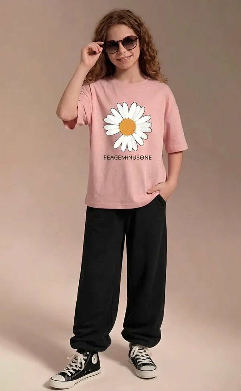 Premium Minimalist Daisy Co-ord Set for Girls Pink & Black Cotton jersey