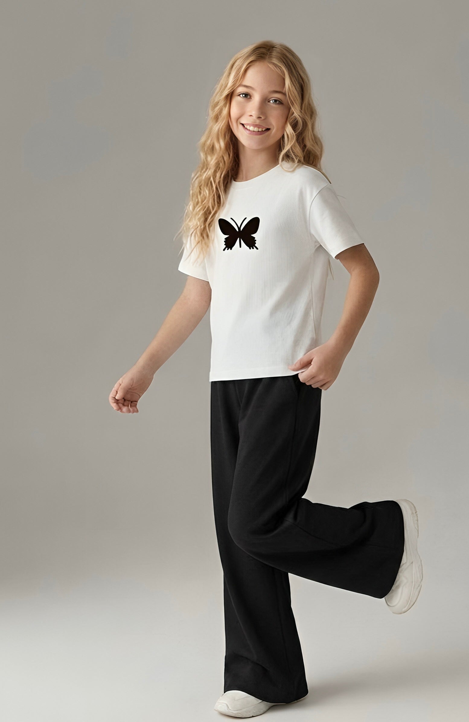 Girls' Urban Butterfly White Graphic Tee & Wide-Leg Trouser Combo