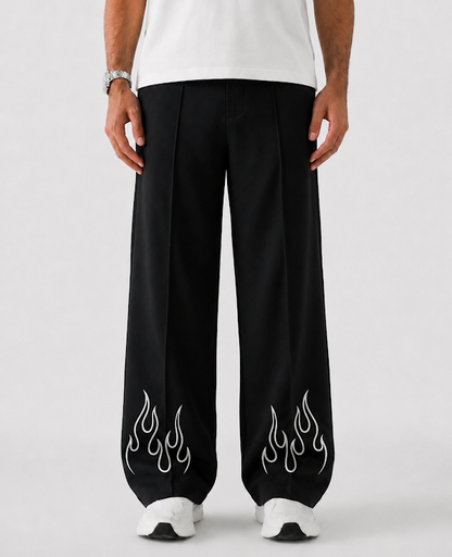 Men's Flame Strike Black Baggy Track Trouser with White Flames