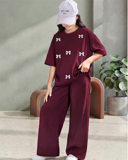 Maroon Girls Bow Co-ord Set  (Oversized Tee & Baggy Trouser)