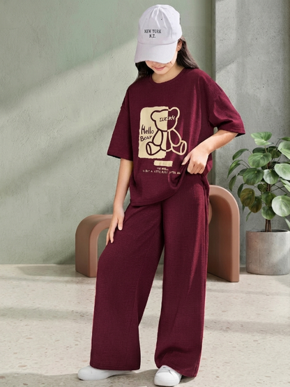 Maroon Hello Bear Graphic Oversized T-Shirt and Baggy Trouser Co-Ord Set