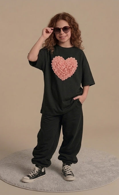 Street Style Black Co-ord Set - Oversized Soft Cotton Jersey Pink Heart