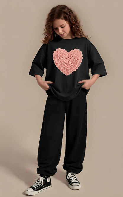 Street Style Black Co-ord Set - Oversized Soft Cotton Jersey Pink Heart