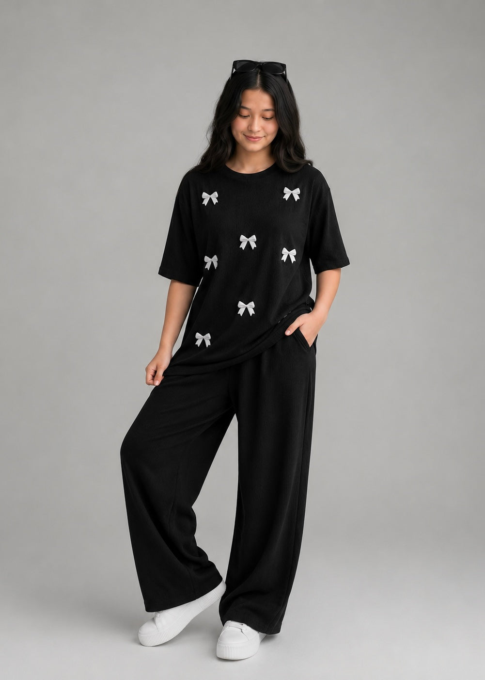 Black Girls Bow Co-ord Set  (Oversized Tee & Baggy Trouser)