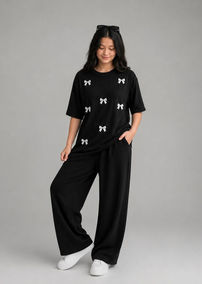 Black Girls Bow Co-ord Set  (Oversized Tee & Baggy Trouser)