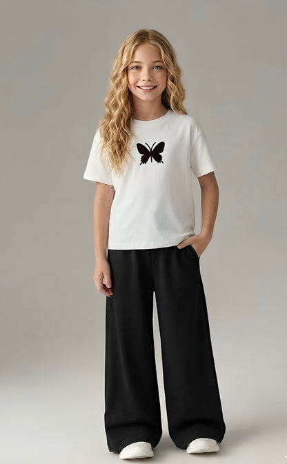 Girls' Urban Butterfly White Graphic Tee & Wide-Leg Trouser Combo