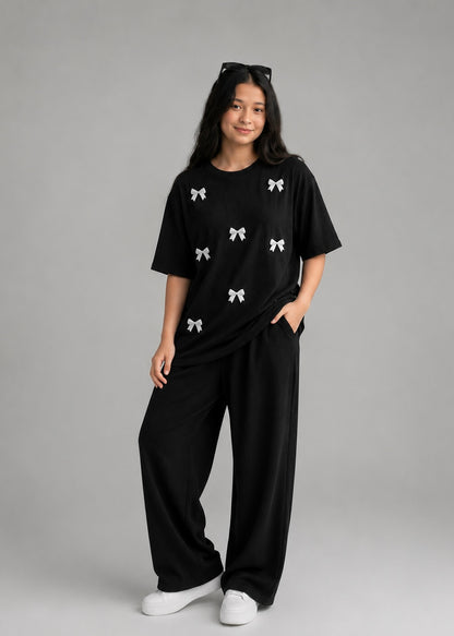 Black Girls Bow Co-ord Set  (Oversized Tee & Baggy Trouser)