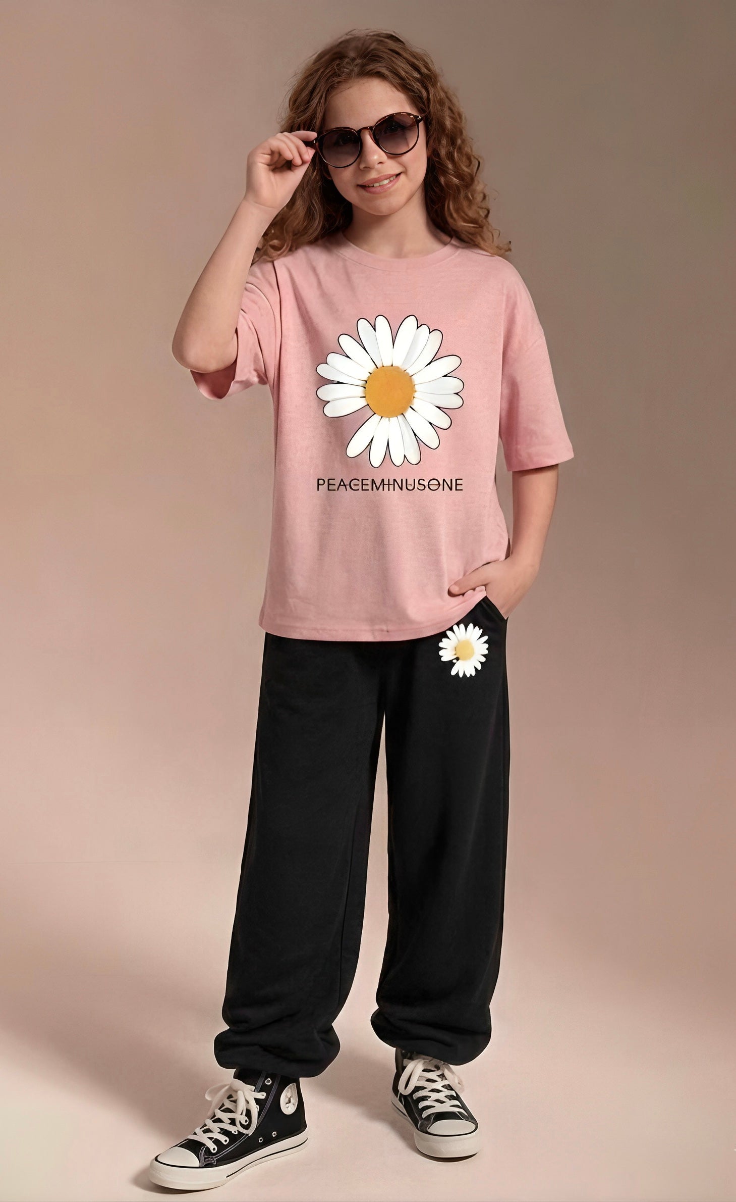 Premium Minimalist Daisy Co-ord Set for Girls Pink & Black Cotton jersey