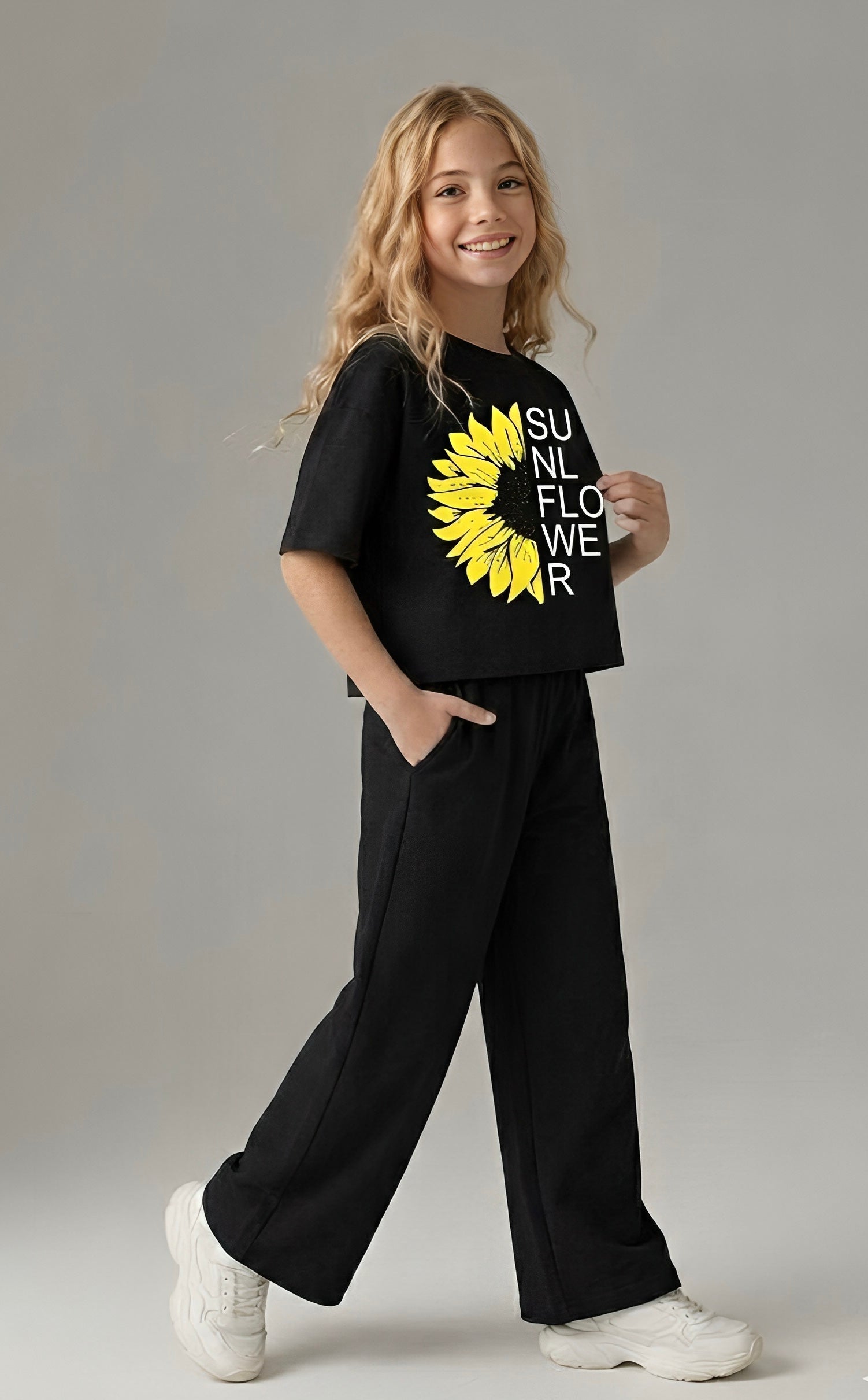 Girls' Sunflower Black Graphic Co-ord Set in Soft Cotton Jersey