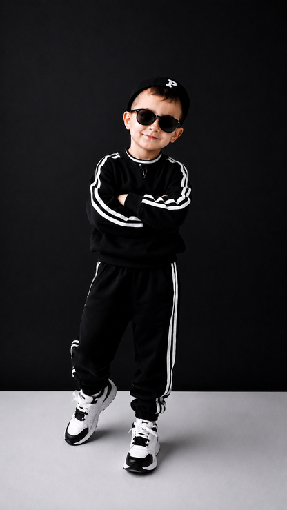 Kids’ Classic Black & White Striped Tracksuit – Trendy Streetwear Terry Set