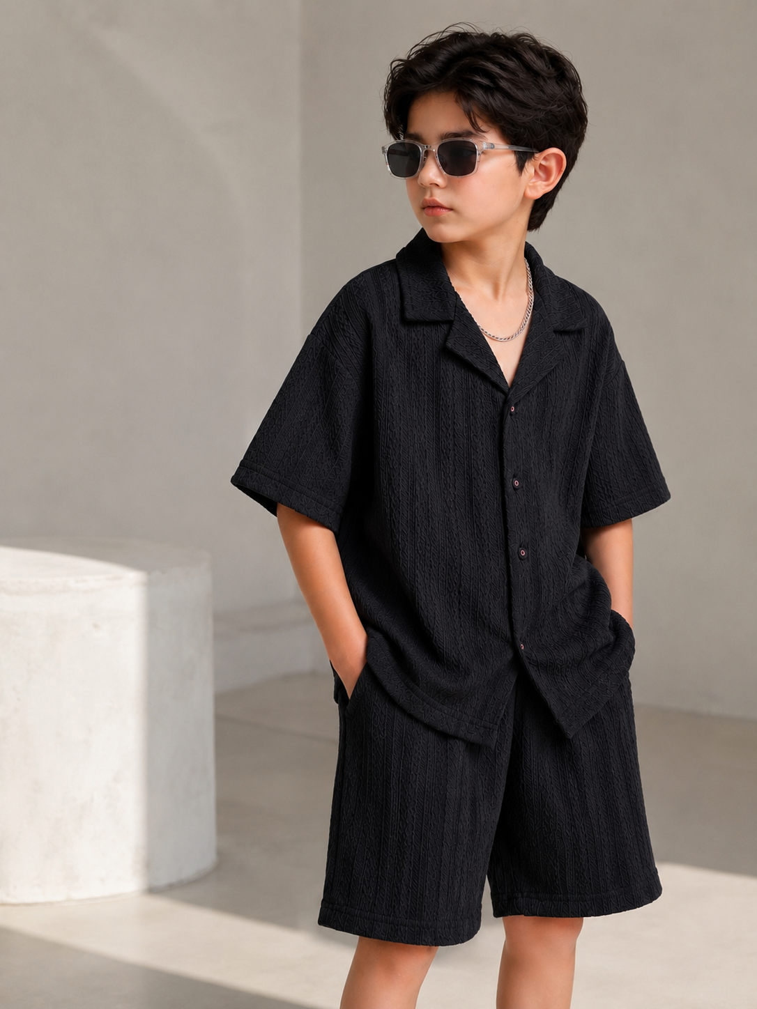 Boys Premium Crinkle Black  Co-Ord Set (Imported Fabric)