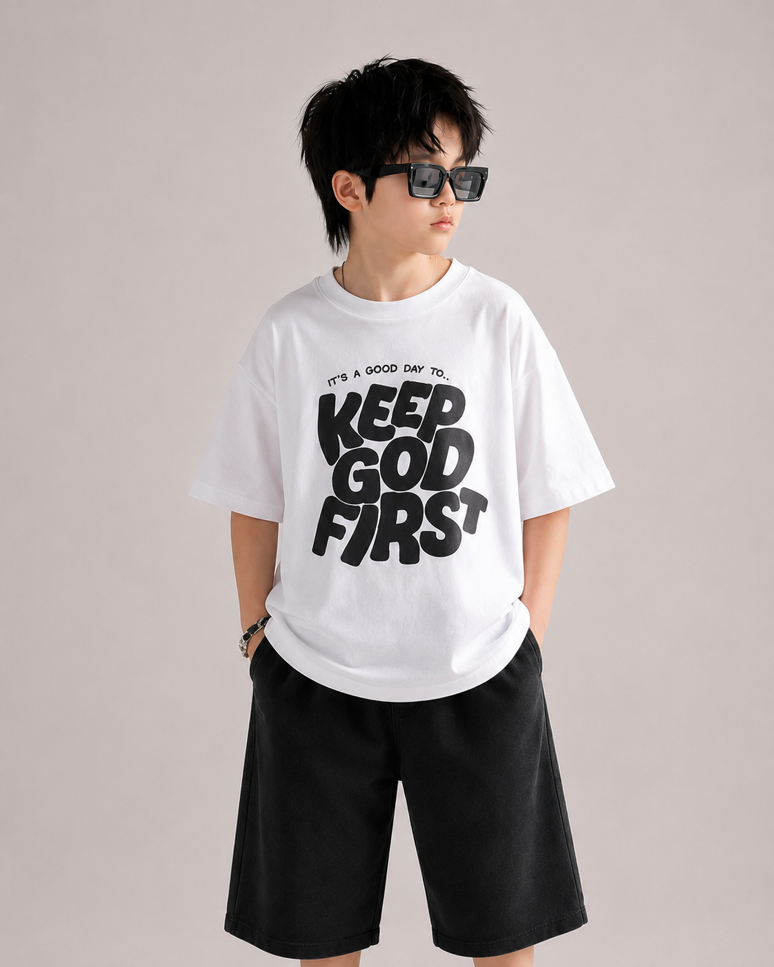 Boys Oversized Keep God First Graphic T-Shirt & Baggy Shorts Co-Ord Set | Premium Cotton Streetwear