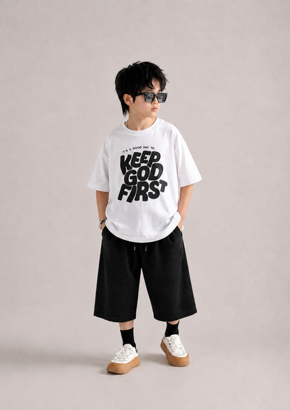 Boys Oversized Keep God First Graphic T-Shirt & Baggy Shorts Co-Ord Set | Premium Cotton Streetwear
