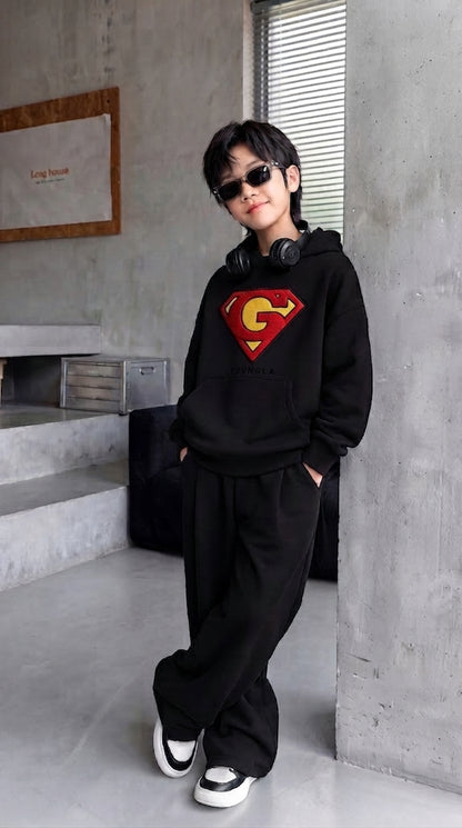 Premium "Superman" Print Black Winter Baggy Tracksuit