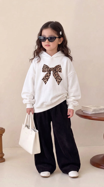 Leopard Bow Print White Hoodie & Black Tracksuit For Kids