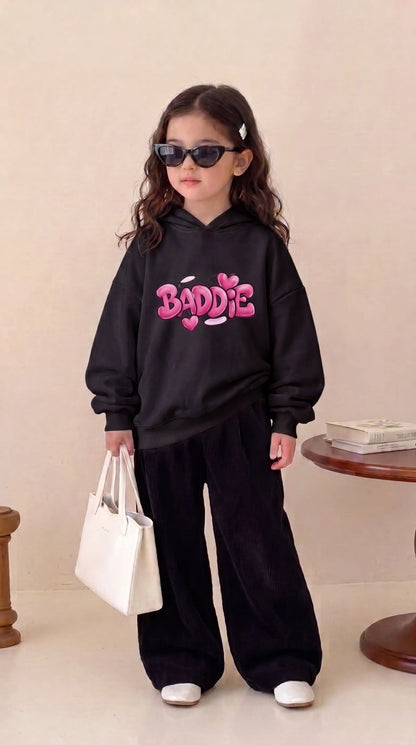 "BADDIE" Pink Graphic Black Oversized Hoodie & Baggy Trouser Set for Girls