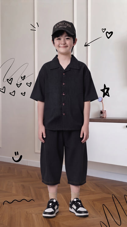 Boys Premium Crinkle Black  Co-Ord Set (Imported Fabric)