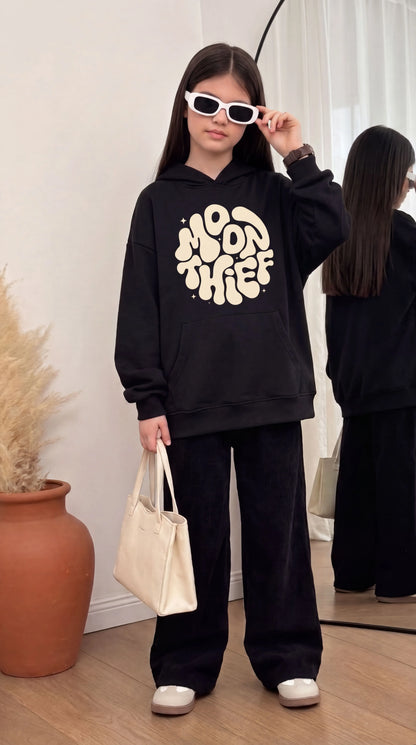 "Moon Thief" Graphic Black Oversized Hoodie & Baggy Trouser Set