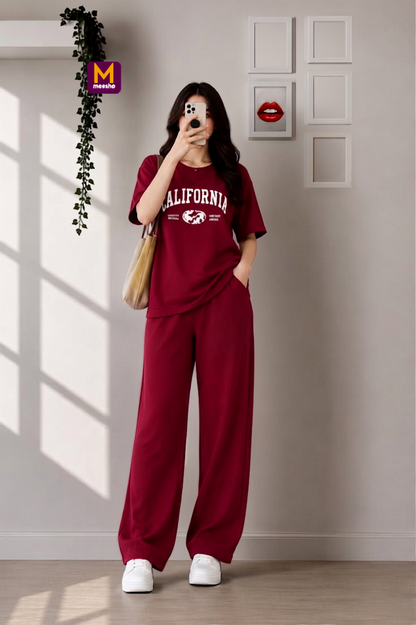 Maroon "California" Oversized Soft Cotton Jersey Co-ord Set