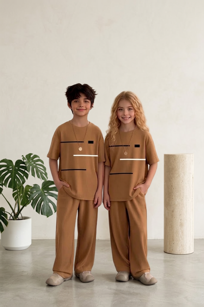 Camel Abstract Line Oversized Soft Cotton Jersey Co-ord Set