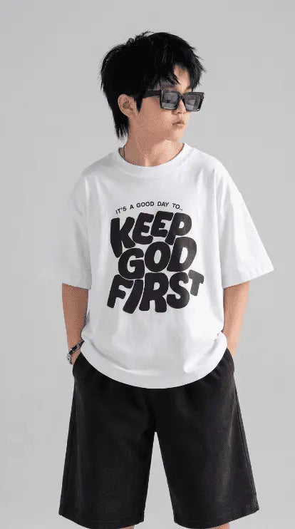 Boys Oversized Keep God First Graphic T-Shirt & Baggy Shorts Co-Ord Set | Premium Cotton Streetwear