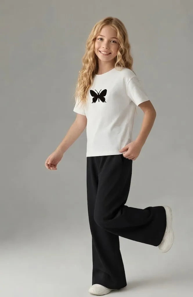 Girls' Urban Butterfly White Graphic Tee & Wide-Leg Trouser Combo