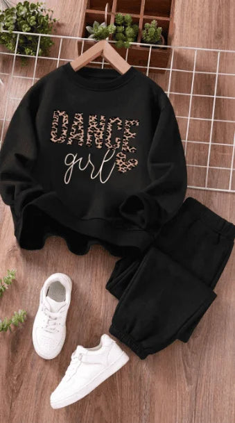 Kids Black Dance Girl Leopard Print Streetwear Tracksuit