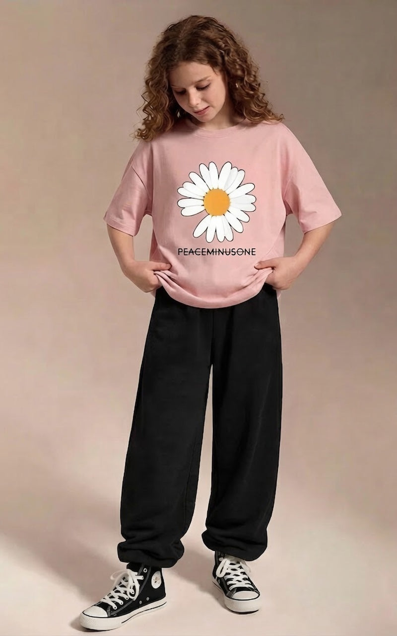 Premium Minimalist Daisy Co-ord Set for Girls Pink & Black Cotton jersey