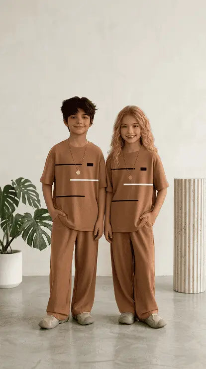 Camel Abstract Line Oversized Soft Cotton Jersey Co-ord Set