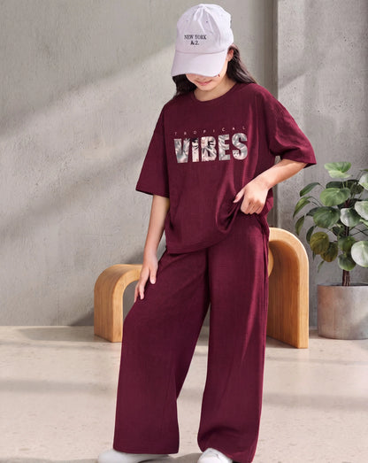 Maroon Tropical Vibes Oversized Soft Cotton Jersey Co-ord Set