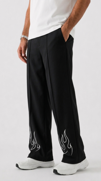 Men's Flame Strike Black Baggy Track Trouser with White Flames