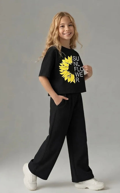 Girls' Sunflower Black Graphic Co-ord Set in Soft Cotton Jersey