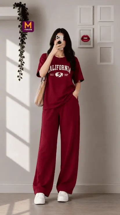 Maroon "California" Oversized Soft Cotton Jersey Co-ord Set